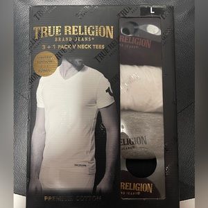 TRUE RELIGION 4-Pack Men's Large Premium Cotton V Neck T Shirt Black White Gray